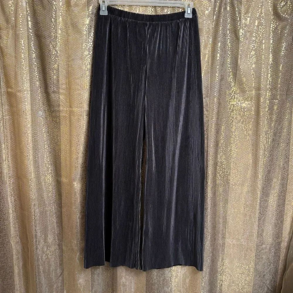Ro & De Wide Leg Metallic Plisse Trousers Charcoal Gray Medium
